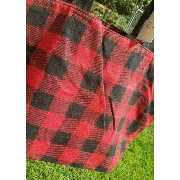 Jumbo Sz Tote Over Night Bag Black & Red Buffalo Plaid Jumbo Furry Country - Picture 3 of 7
